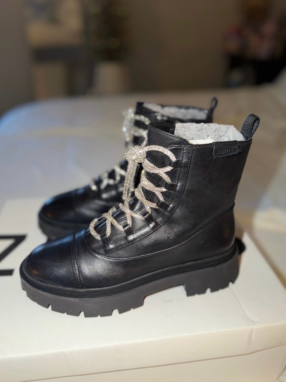 Schutz Kaile Glam Black Leather Combat Boots Crystal Laces Lug Sole Size 7.5